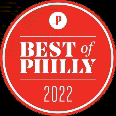 Best of Philly 2022 award badge, red circular seal with white text and P logo